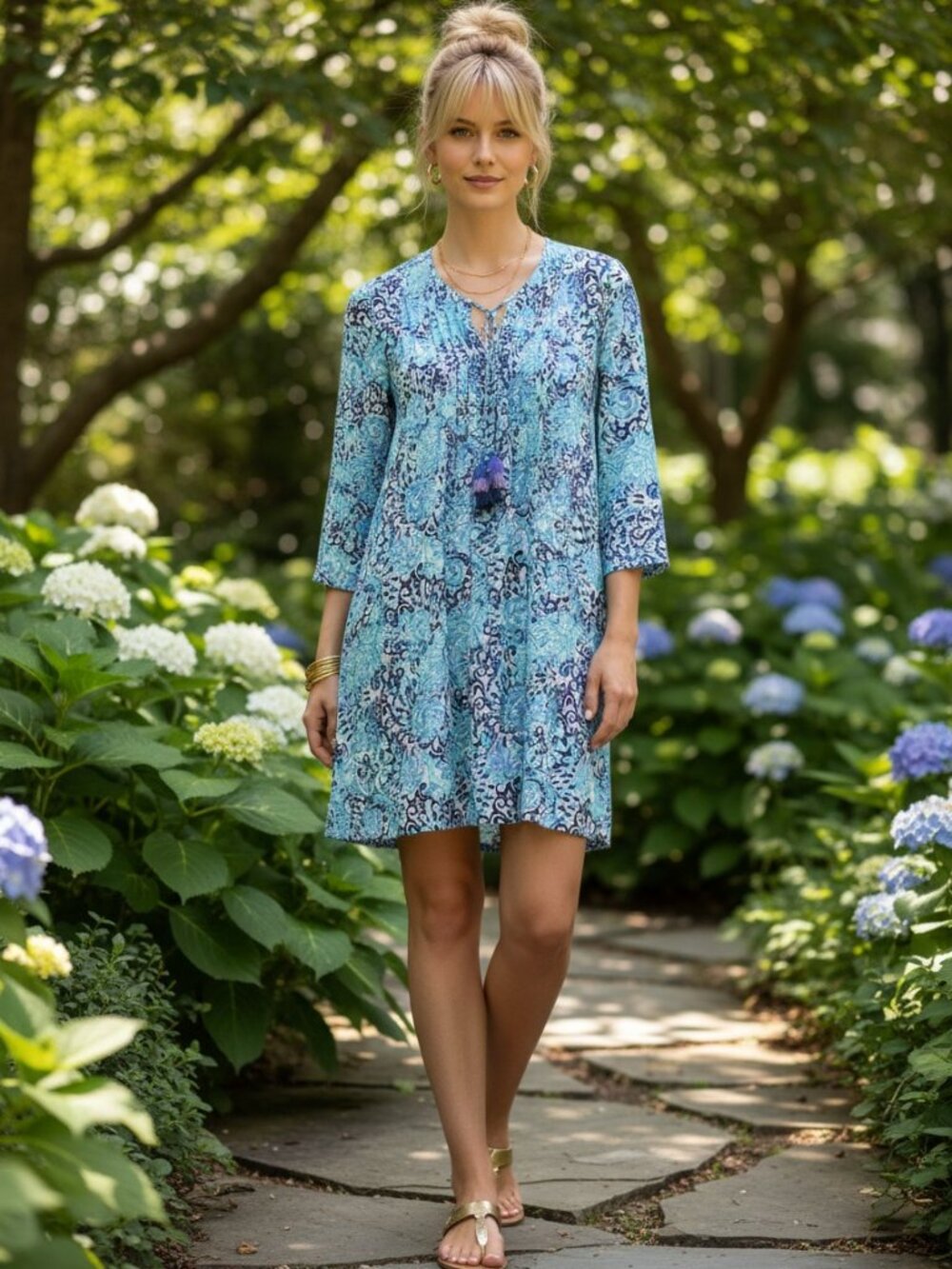 Lilly Pulitzer Shift Dress Sz‎ XS Blue White Tassel Pintuck Mini